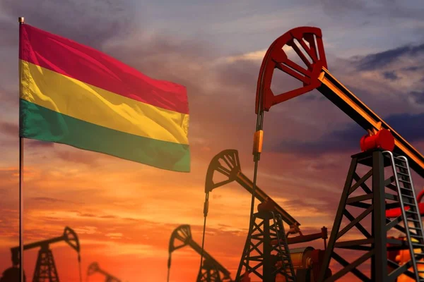 Conceito da indústria petrolífera da Bolívia. Ilustração industrial - Bandeira da Bolívia e poços de petróleo com o pôr-do-sol vermelho e azul ou fundo do céu nascente - Ilustração 3D — Fotografia de Stock