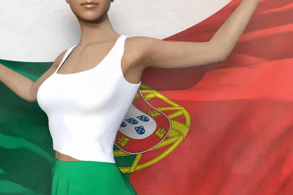 Menina bonita em saia brilhante segura bandeira de Portugal em mãos atrás das costas no fundo branco - conceito de bandeira ilustração 3d — Fotografia de Stock