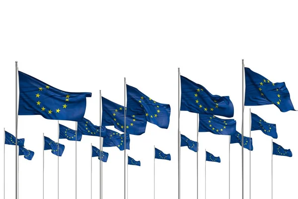 Pretty many European Union flags in a row isolated on white with free place for text - any celebration flag 3d illustration — Stock Photo, Image
