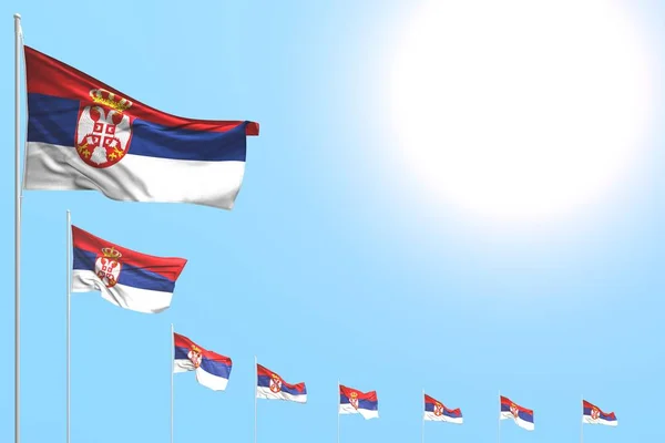 Mooie vele Servië vlaggen geplaatst diagonaal op blauwe hemel met ruimte voor uw inhoud-elke gelegenheid vlag 3D illustratie — Stockfoto