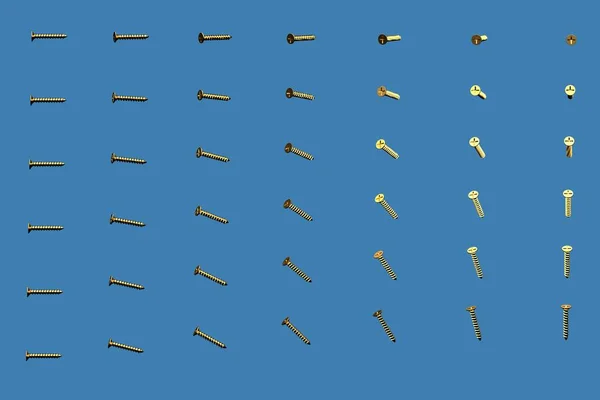 De nombreuses vis autotaraudeuses jaunes et dorées tournées sous différents angles isolés sur bleu - belle illustration 3D industrielle, image pour concepteur en utilisant — Photo