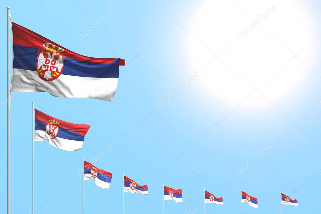 beautiful many Serbia flags placed diagonal on blue sky with space for your content - any occasion flag 3d illustration