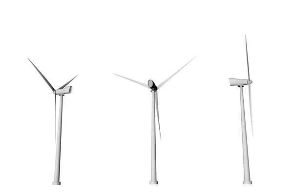 三风车以不同的自转角度底视图查出在白色背景-风电工业例证, 3d 例证 — 图库照片