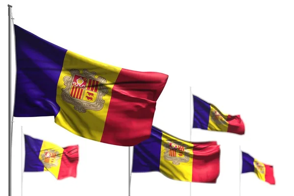 Prachtige vijf vlaggen van Andorra zijn golf geïsoleerd op wit - afbeelding met selectieve focus - elke viering vlag 3d illustratie — Stockfoto