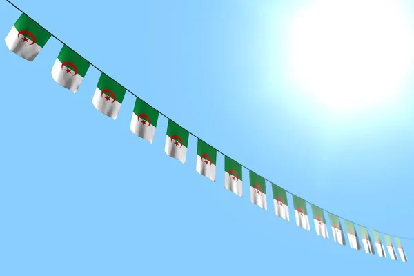 Ziemlich viele algerische Flaggen oder Banner hängen diagonal an einer Schnur auf blauem Himmelshintergrund mit weichem Fokus - jede Gelegenheit Flagge 3D-Illustration — Stockfoto