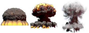 patlama 3D Illustration-3 büyük farklı aşamaları yangın mantar bulut patlama hidrojen bombanın duman ve alev beyaz izole