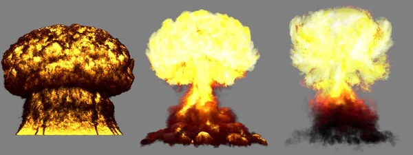 3D illustration of explosion - 3 huge highly detailed different phases mushroom cloud explosion of thermonuclear bomb with smoke and fire isolated on grey — Stock Photo, Image