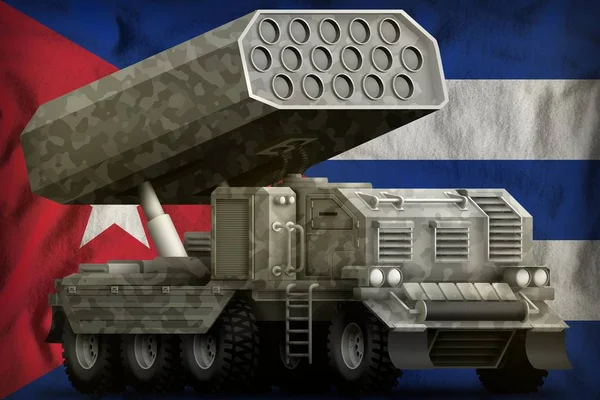 ●ロケット砲、キューバ国旗背景に灰色の迷彩を持つミサイルランチャー。3Dイラスト — ストック写真