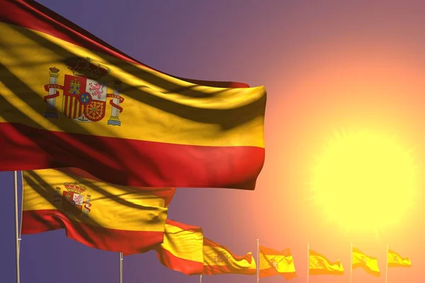 Pretty many Spain flags placed diagonal on sunset with place for text - any celebration flag 3d illustration — Stock Photo, Image
