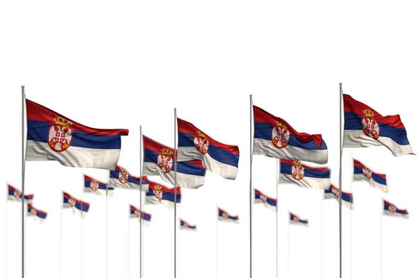Bonitas banderas aisladas de Serbia colocadas en fila con enfoque suave y lugar para el texto - cualquier ocasión bandera 3d ilustración —  Fotos de Stock