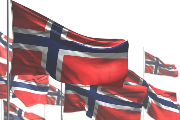 Bonito muchas banderas de Noruega están ondeando aislados en blanco - imagen con bokeh - cualquier celebración bandera 3d ilustración —  Fotos de Stock