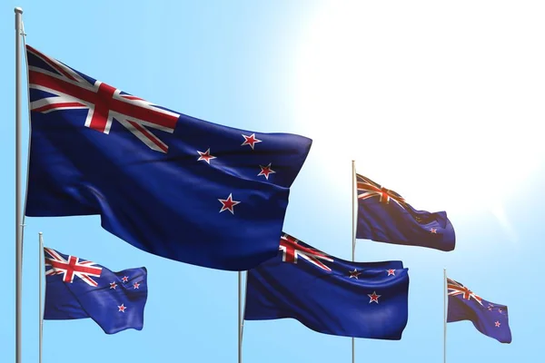 Lindo 5 banderas de Nueva Zelanda están ondeando sobre el fondo del cielo azul cualquier bandera de vacaciones 3d ilustración — Foto de Stock