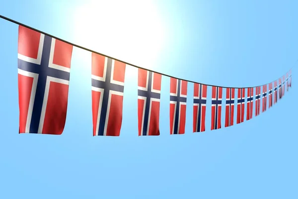 Wspaniały wiele norweskie flagi lub banery wiszące po przekątnej na linie na niebieskim tle nieba z miękkim ostrości - każda flaga święta 3d ilustracja — Zdjęcie stockowe