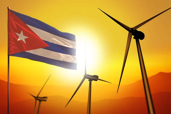 Энергия ветра Кубы, концепция альтернативной энергетики с ветряными турбинами и флаг на промышленных иллюстрациях заката - возобновляемые альтернативные источники энергии, 3D иллюстрация — стоковое фото
