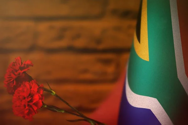 South Africa flag for honour of veterans day or memorial day with two red carnation flowers. Glory to the South Africa heroes of war concept on orange blurred painted brick wall. background.