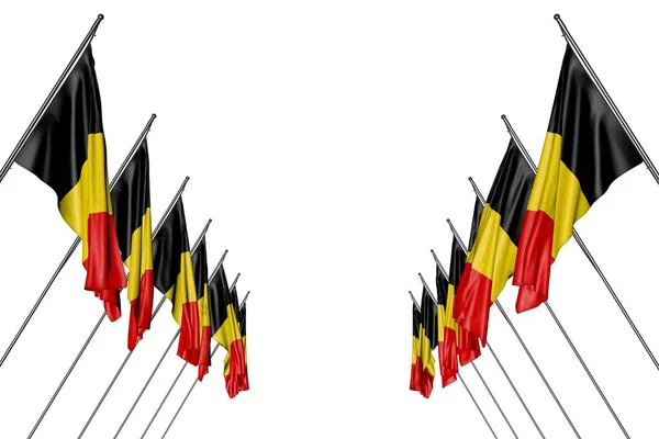 Beaux drapeaux de Belgique nombreux suspendus sur des poteaux diagonaux de gauche et de droite isolés sur le blanc - toute occasion drapeau illustration 3d — Photo