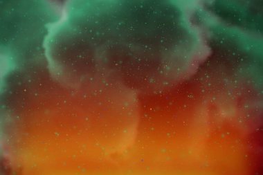 Soyut dinamik fantezi teal, deniz-yeşil uzay ve yıldız kıvılcım ve bulutlar ile renkli arka plan