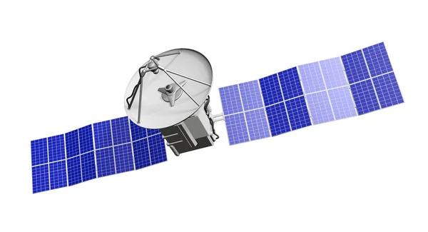 Industrial illustration of cosmic satellite with huge solar panels isolated on clear white background - 3D Illustration — Stock Photo, Image
