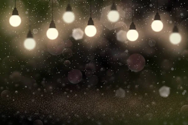 Prachtige heldere glitter lichten onscherpe bokeh abstracte achtergrond met gloeilampen en vallende sneeuwvlokken vliegen, festival mockup textuur met lege ruimte voor uw inhoud — Stockfoto