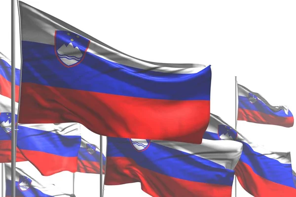 Bonito muitas bandeiras da Eslovénia são onda isolada no branco - qualquer bandeira celebração ilustração 3d — Fotografia de Stock