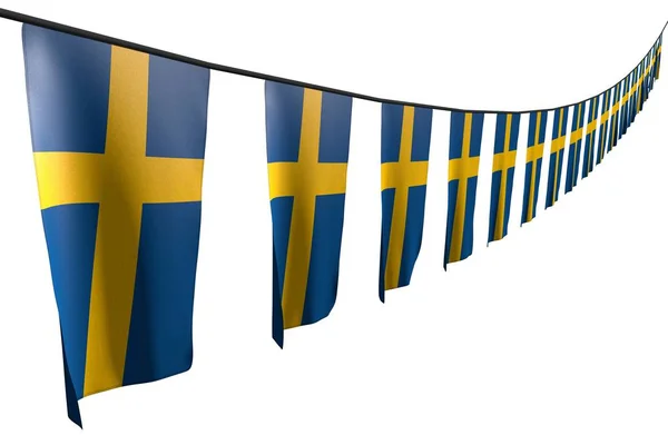 Schön viele schwedische Flaggen oder Banner hängen diagonal mit perspektivischem Blick auf Schnur isoliert auf weiß - jede Festfahne 3d Illustration — Stockfoto
