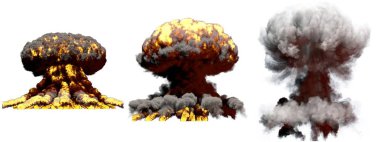 3D illustration of explosion - 3 huge different phases fire mushroom cloud explosion of hydrogen bomb with smoke and flame isolated on white clipart