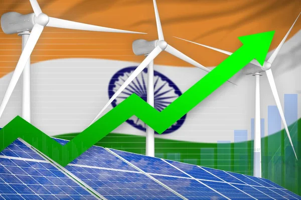 India solar and wind energy rising chart, arrow up - environmental natural energy industrial illustration. 3D Illustration