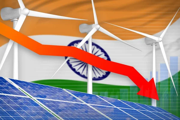 India solar and wind energy lowering chart, arrow down - modern natural energy industrial illustration. 3D Illustration