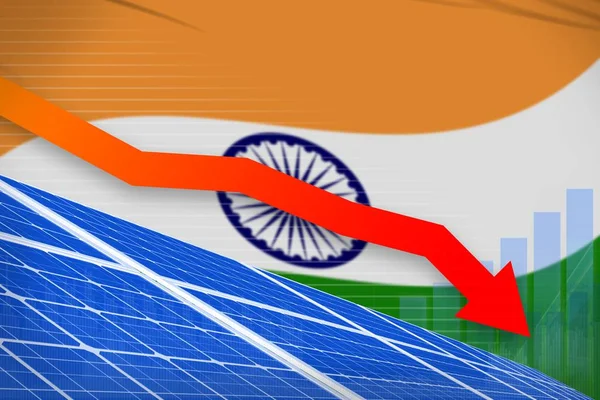 India solar energy power lowering chart, arrow down - environmental natural energy industrial illustration. 3D Illustration