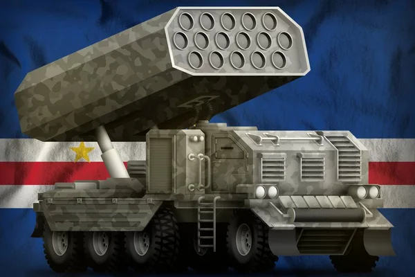 Rocket artillery, missile launcher with grey camouflage on the Cabo Verde national flag background. 3d Illustration — Stock Photo, Image