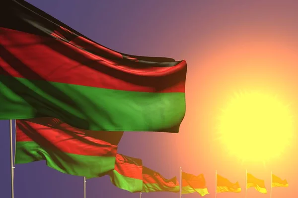 nice many Malawi flags placed diagonal on sunset with space for your content - any celebration flag 3d illustration