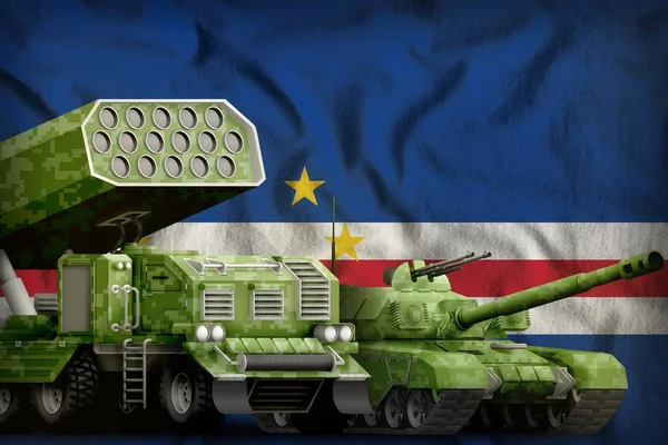 Cabo Verde heavy military armored vehicles concept on the national flag background. 3d Illustration