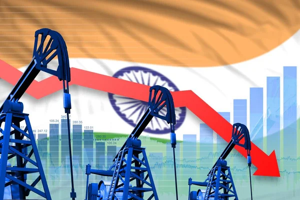 Abbassamento, caduta grafico su sfondo bandiera India - illustrazione industriale dell'industria petrolifera dell'India o concetto di mercato. Illustrazione 3D — Foto Stock