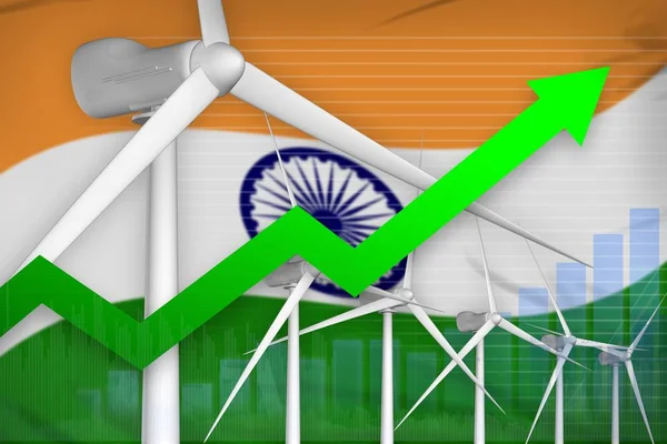 India grafico dell'energia eolica in aumento, freccia verso l'alto - illustrazione industriale dell'energia naturale alternativa. Illustrazione 3D — Foto Stock