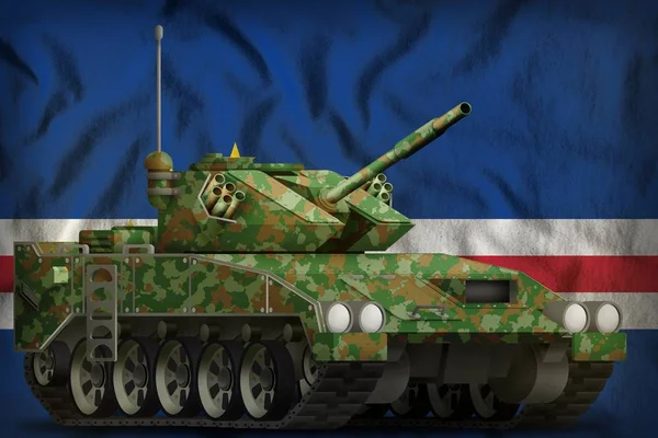 Tanque leve apc com camuflagem de verão no fundo da bandeira nacional de Cabo Verde. Ilustração 3d — Fotografia de Stock