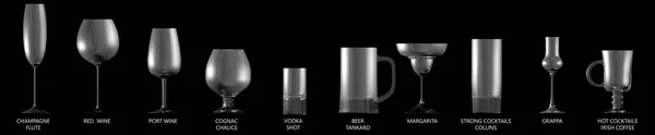 3D-Illustration einer riesigen Sammlung verschiedener Gläser für starke Alkoholgetränke und Cocktails isoliert auf schwarz, Seitenansicht - Trinkglasrenderer — Stockfoto