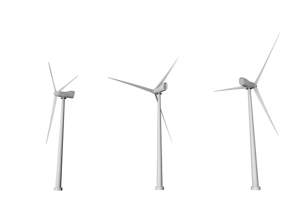 3 windmills with different rotation angles view from bottom isolated on white background - wind energy industrial illustration, 3D illustration — Stock Photo, Image