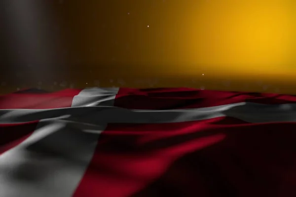 Imagen bastante oscura de la bandera de Dinamarca yacía sobre fondo amarillo con enfoque suave y lugar vacío para su contenido - cualquier ilustración 3d bandera de vacaciones —  Fotos de Stock