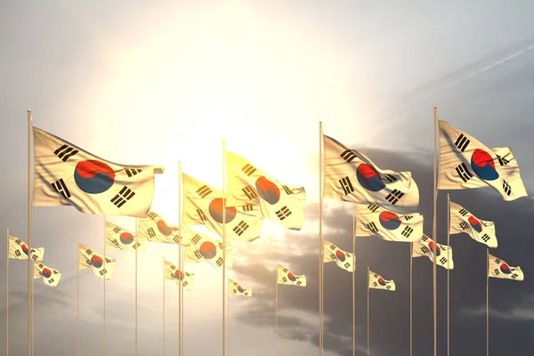 Muitas bandeiras da República da Coreia (Coreia do Sul) em uma fileira no pôr do sol com lugar livre para o seu conteúdo - qualquer ocasião bandeira ilustração 3d — Fotografia de Stock