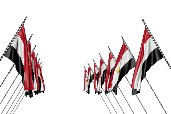 Merveilleux de nombreux drapeaux égyptiens suspendus sur des poteaux diagonaux des côtés gauche et droit isolés sur blanc - toute illustration 3d drapeau de fête — Photo