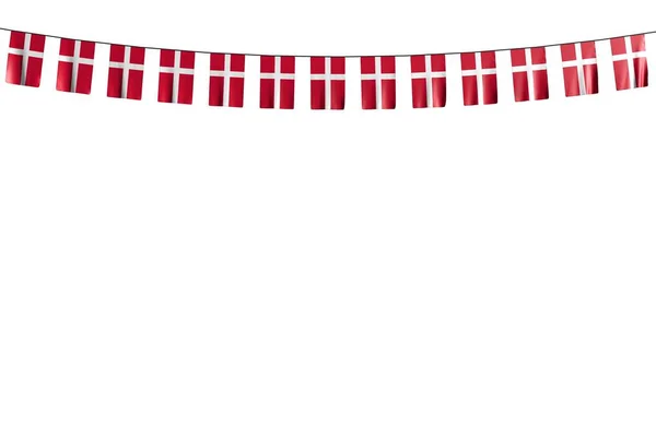 漂亮的许多丹麦国旗或横幅挂在绳子上隔离在白色 - 任何节日旗帜3D插图 — 图库照片