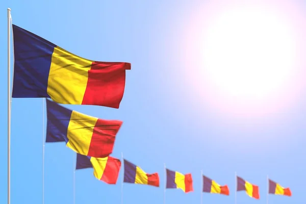 Bonito muchas banderas de Rumania colocadas diagonal con enfoque selectivo y lugar libre para el contenido - cualquier fiesta bandera 3d ilustración —  Fotos de Stock