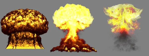 3D illustration of explosion - 3 big very detailed different phases mushroom cloud explosion of atom bomb with smoke and fire isolated on grey — Stock Photo, Image