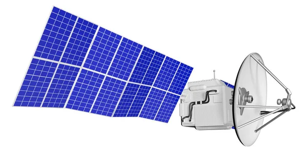 Ilustración industrial de satélite cósmico con grandes paneles solares aislados sobre fondo blanco claro - Ilustración 3D — Foto de Stock