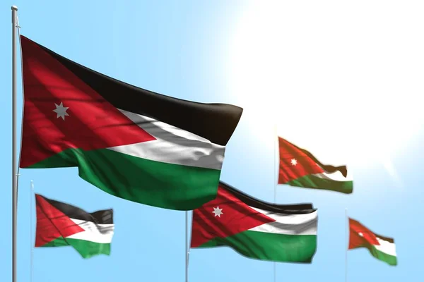 Cute 5 flags of Jordan are wave against blue sky photo with soft focus - any holiday flag 3d illustration — Stock Photo, Image