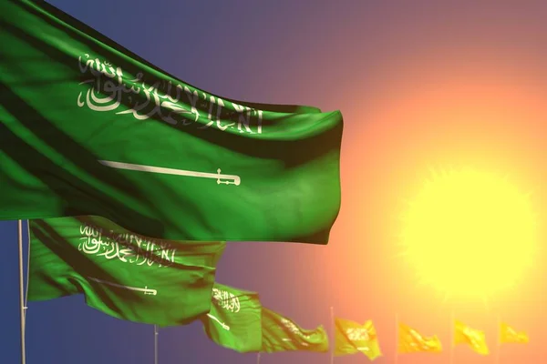 nice many Saudi Arabia flags on sunset placed diagonal with bokeh and place for text - any feast flag 3d illustration