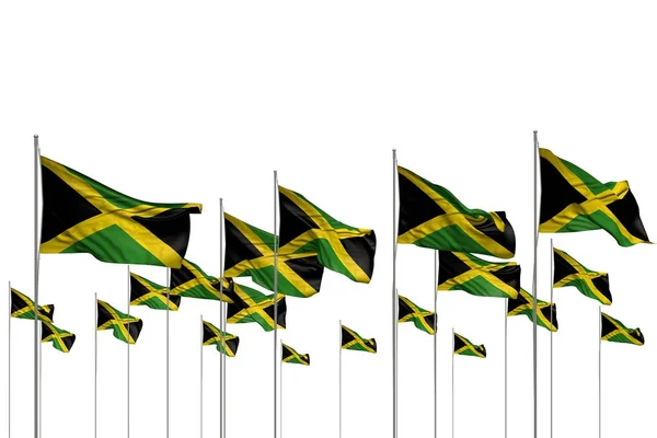 Wunderbar viele jamaica-flaggen in einer reihe isoliert auf weiß mit freiraum für text - jede gelegenheit flagge 3d illustration — Stockfoto