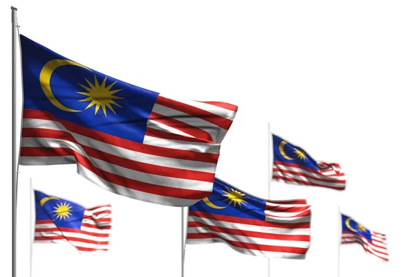 Schöne fünf malaysische Flaggen wehen isoliert auf weiß - Illustration mit weichem Fokus - jede Gelegenheit Flagge 3d Illustration — Stockfoto