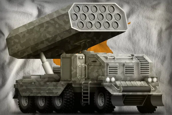 Rocket Artillery, raketwerper met grijze camouflage op de Cyprus nationale vlag achtergrond. 3D-illustratie — Stockfoto