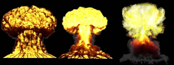 3D ilustrace exploze-3 velké velmi detailní fáze exploze atomového mraku nukleární bomby s kouřem a ohněm izolovaným na černém — Stock fotografie